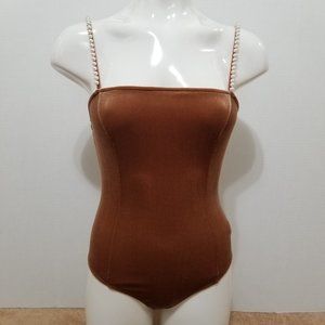Forever 21 bodysuit Medium velvet velour beaded bling embellished strap stretch
